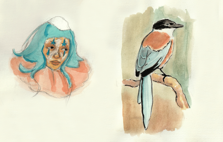 Croquis à l'aquarelle, encre et crayon